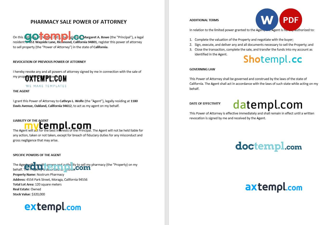 Pharmacy Sale Power of Attorney example, fully editable