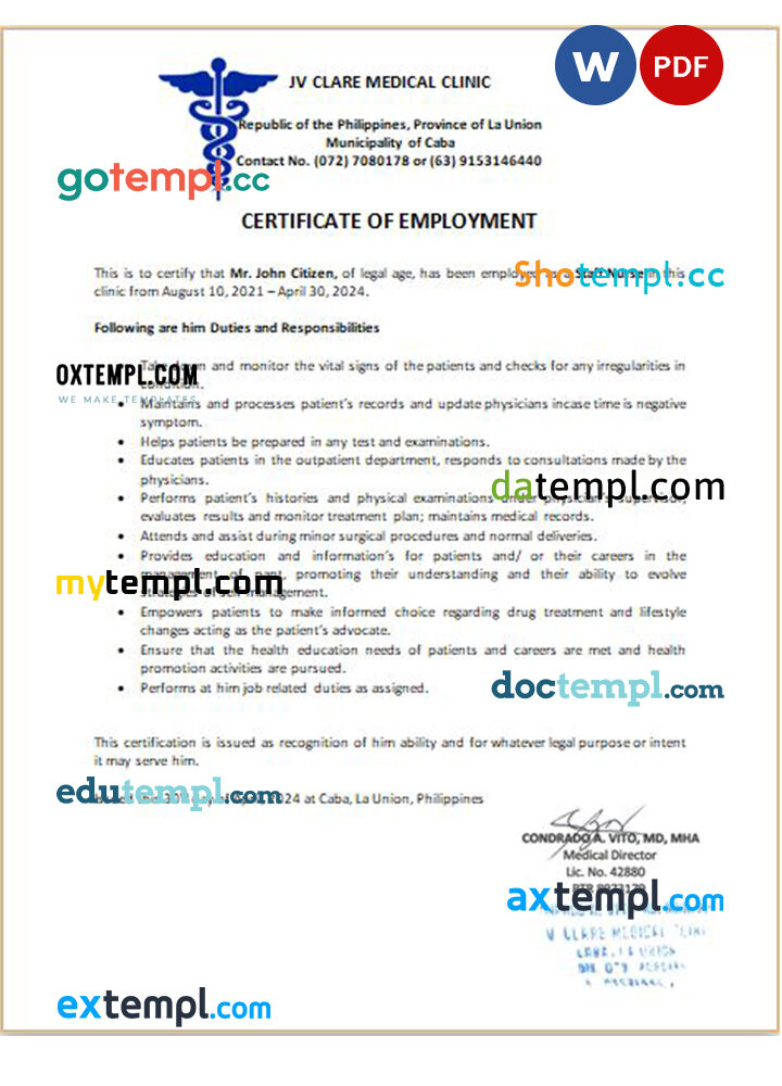 Philipines JV Clare Medicial Clinic certificate of employment Word and PDF download template