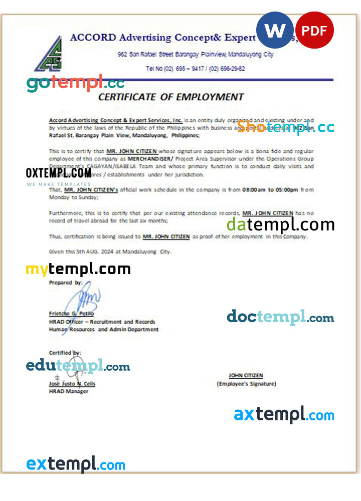 Philippines Accord Advertising Concept & Expert Services, Inc. certificate of employment Word and PDF download template