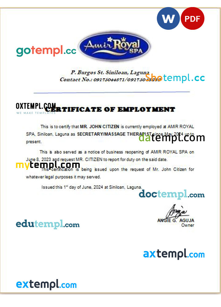 Philippines Amir Royal Spa certificate of employment Word and PDF download template