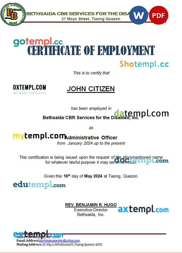 Philippines Bethsaida CBR Services for the Disabled, Inc. certificate of employment Word and PDF download template