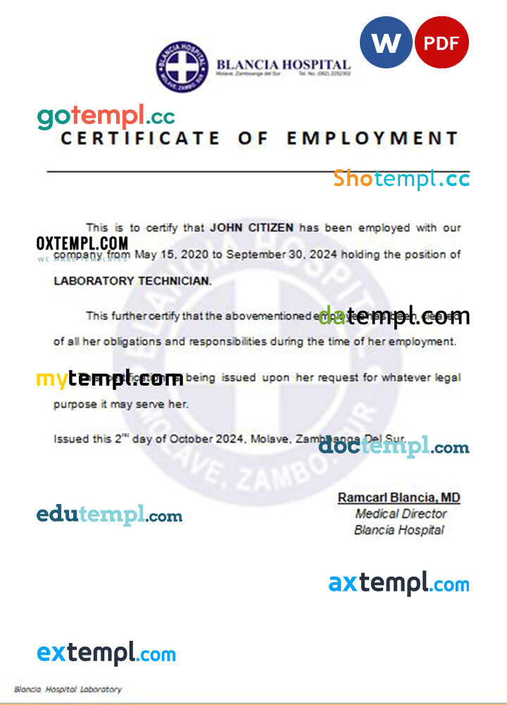 Philippines Blancia Hospital certificate of employment Word and PDF download template