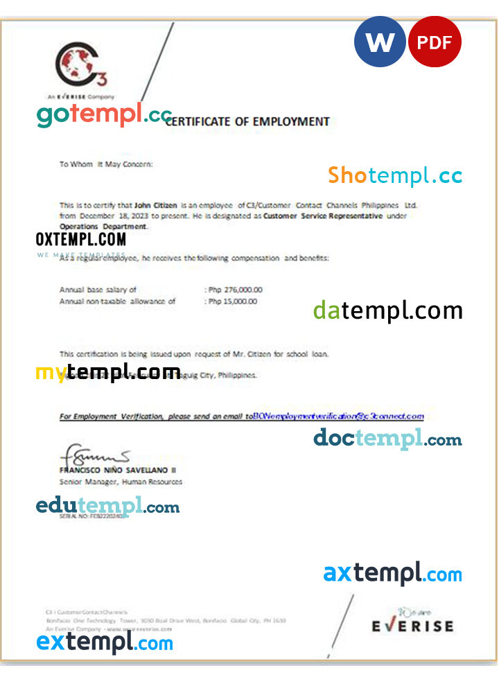 Philippines C3 Customer Contact Channels Ltd certificate of employment Word and PDF download template