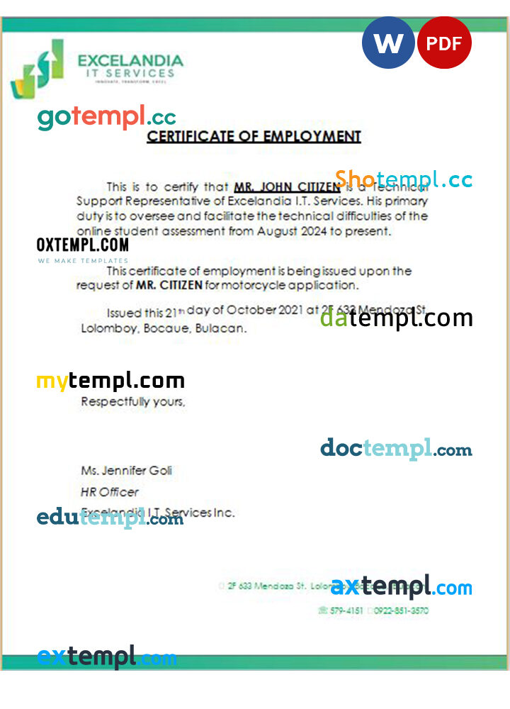 Philippines Excelandia IT Services Inc. certificate of employment Word and PDF download template