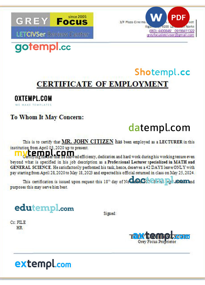 Philippines Grey Focus Proprietor certificate of employment Word and PDF download template