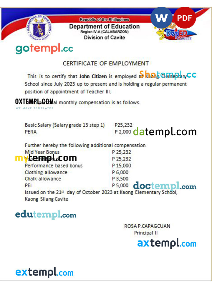 Philippines Kaong Elementary School certificate of emplyoment Word and PDF download template