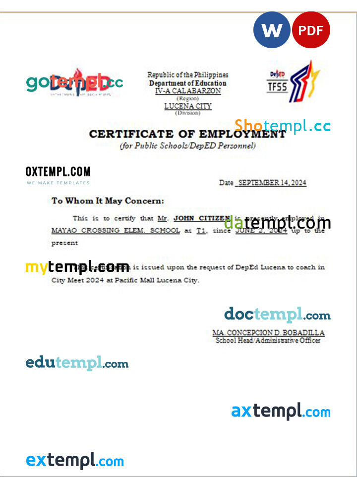 Philippines Mayao Crossing Elementary School certificate of employment Word and PDF download template