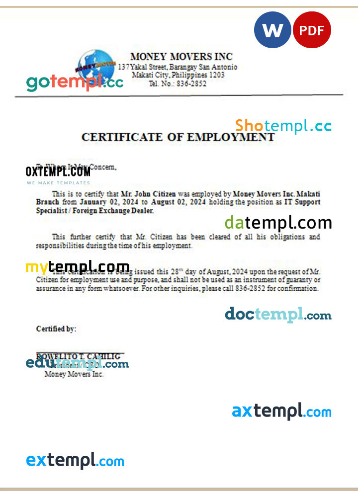 Philippines Money Movers Inc. certificate of employment Word and PDF download template