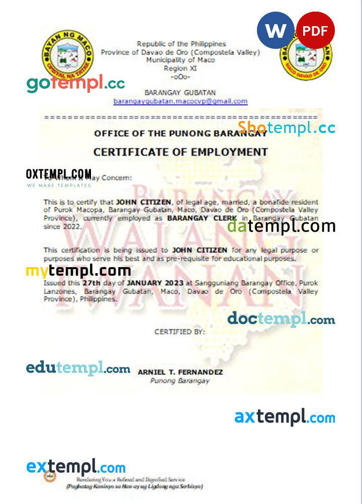 Philippines Office of the Punong Barangay certificate of employment Word and PDF download template