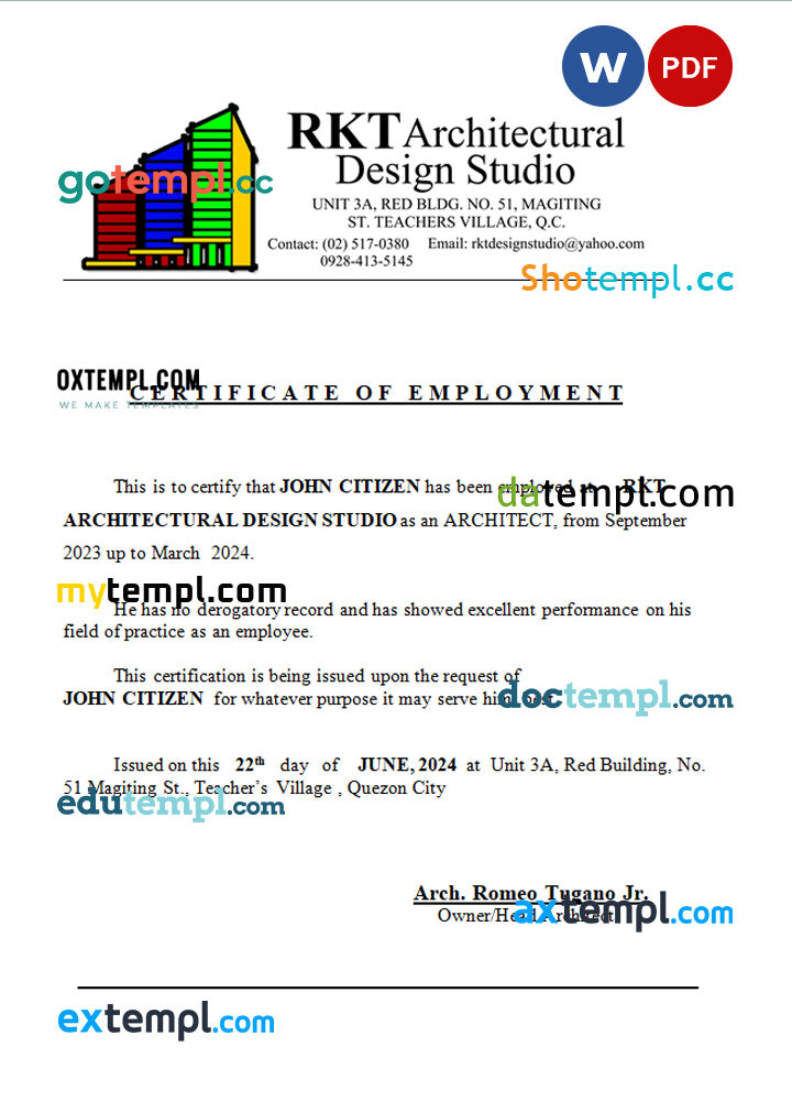 Philippines RKT Architectural Design Studio certificate of employment Word and PDF download template