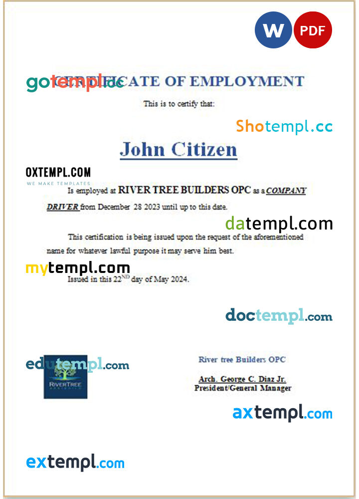 Philippines River tree Builders OPC certificate of employment Word and PDF download template