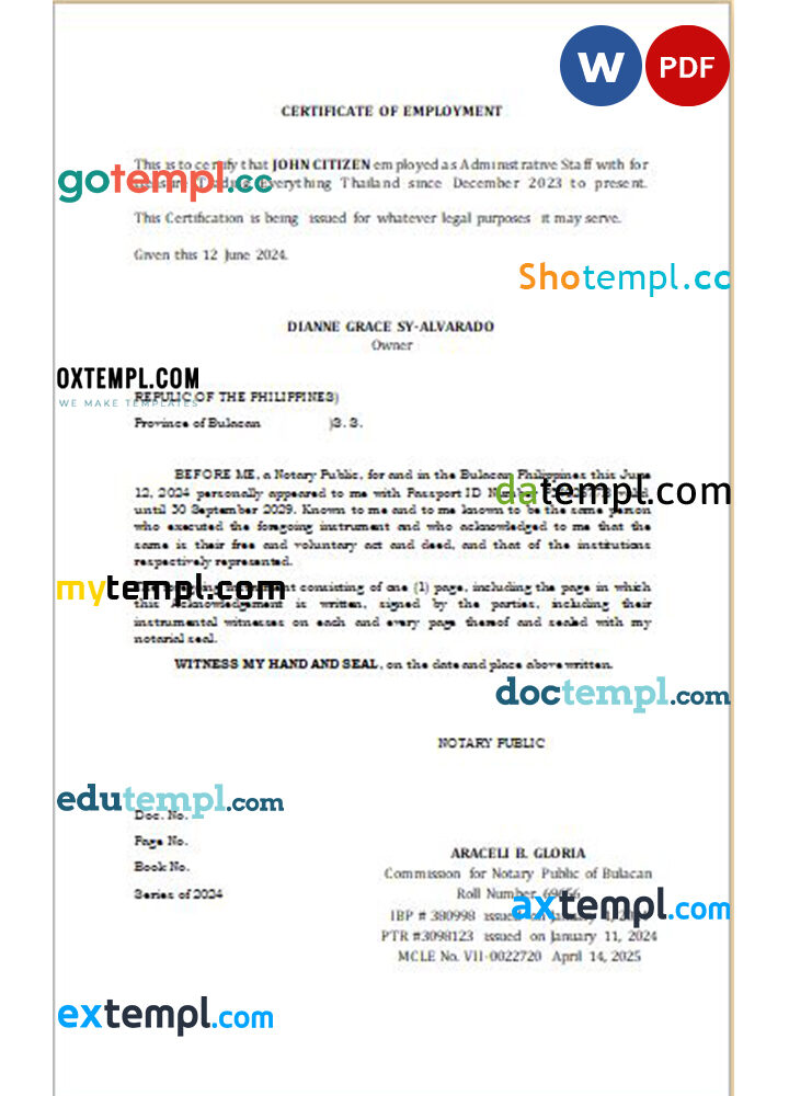 Philippines Trading Everything Thailand certificate of employment Word and PDF download template