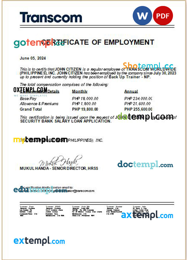 Philippines Transcom Worldwide Inc. certificate of employment Word and PDF download template