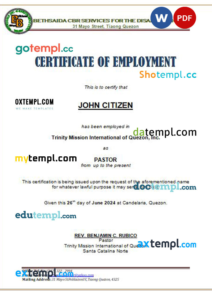 Philippines Trinity Mission International of Quezon, Inc. certificate of employment Word and PDF download template