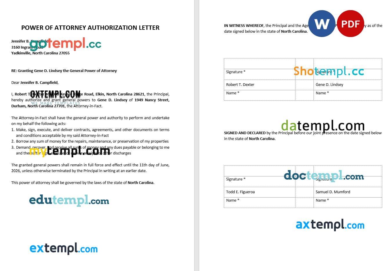 Power of Attorney Authorization Letter example, fully editable