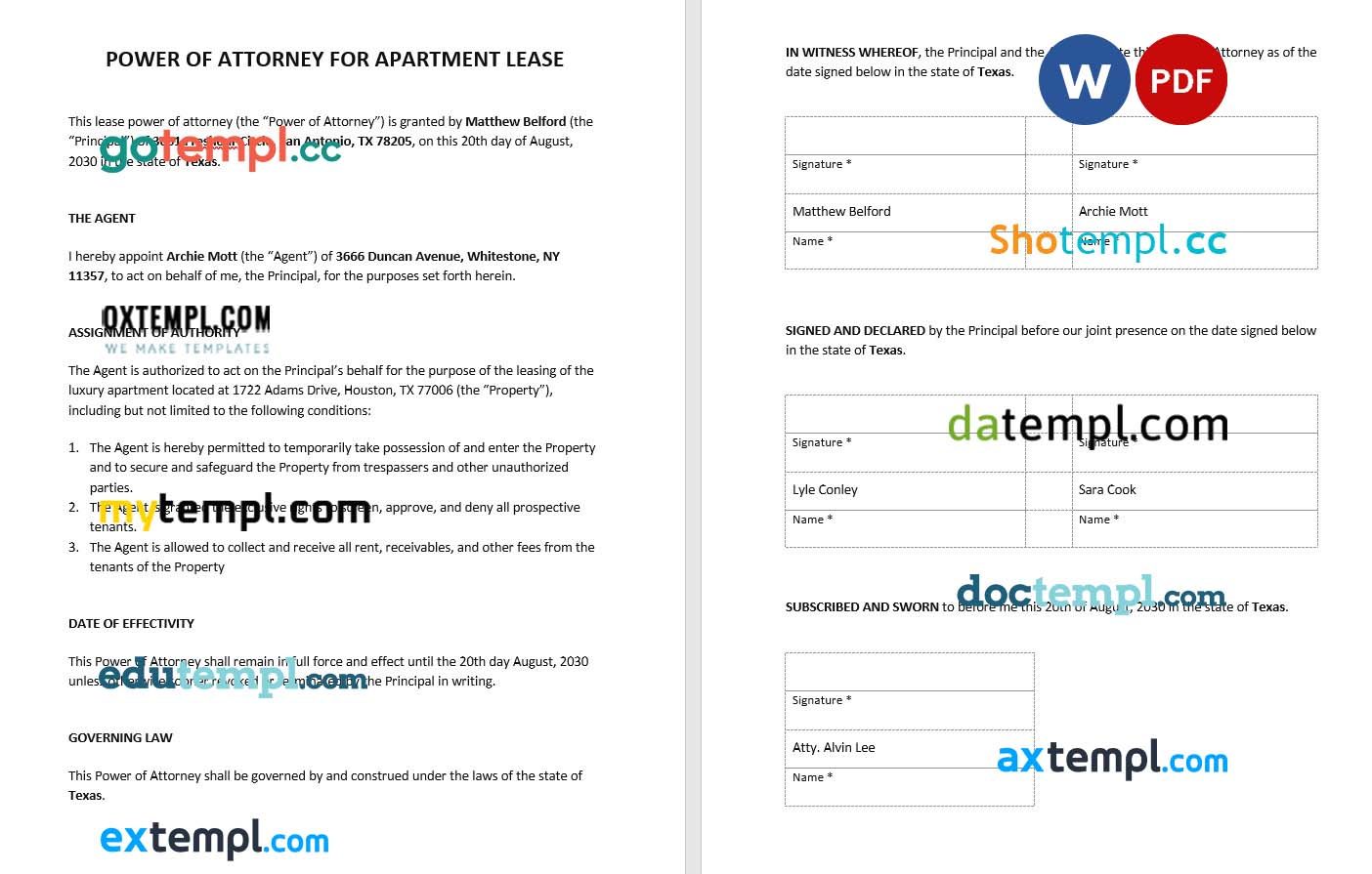 Power of Attorney for Apartment Lease example, fully editable