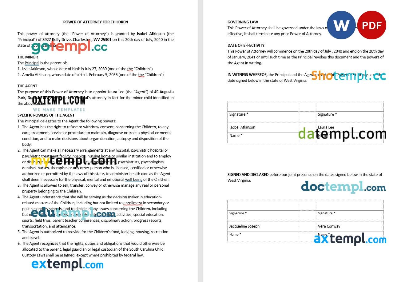 Power of Attorney for Children example, fully editable