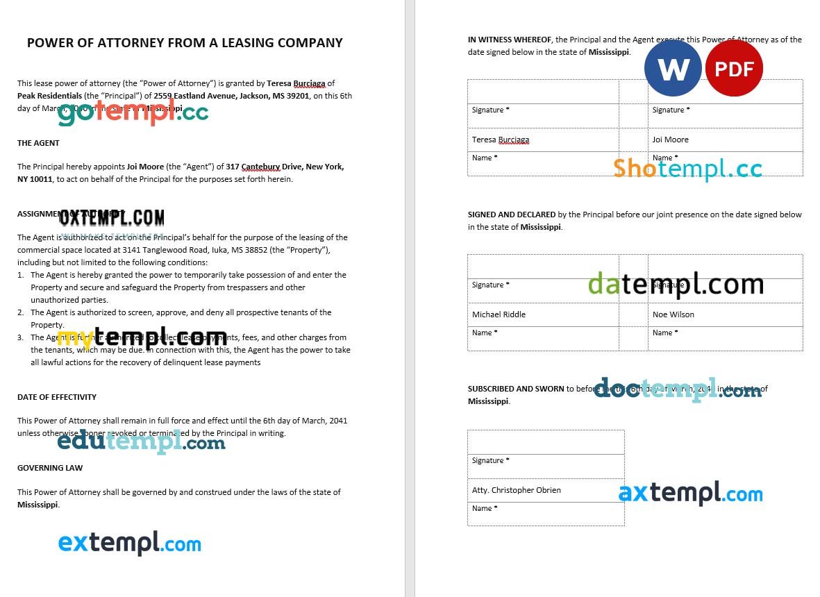 Power of Attorney from Leasing Company example, fully editable