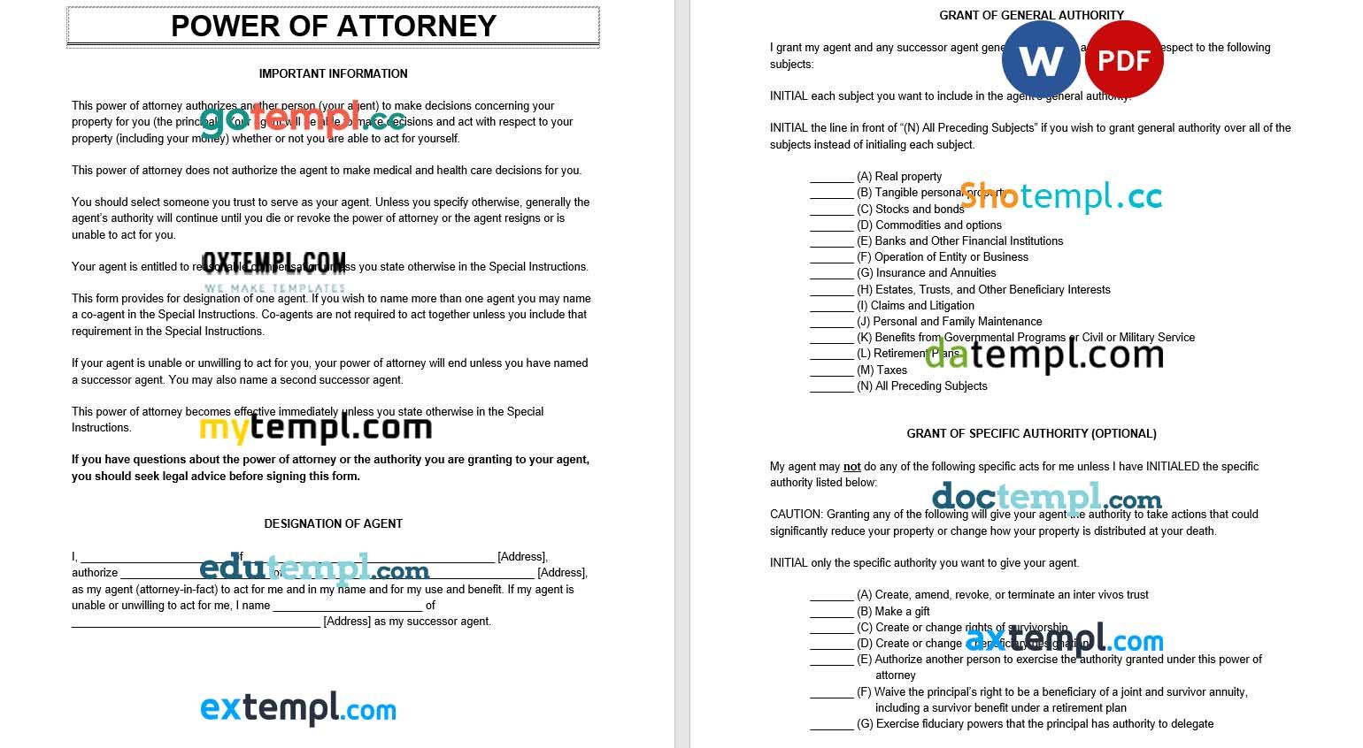 Power of Attorney example, fully editable