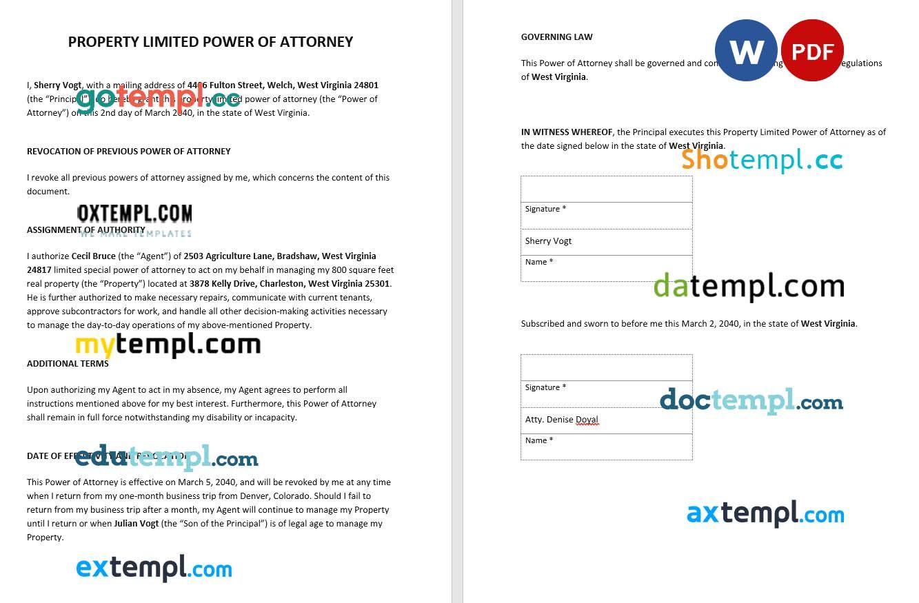 Property Limited Power of Attorney example, fully editable