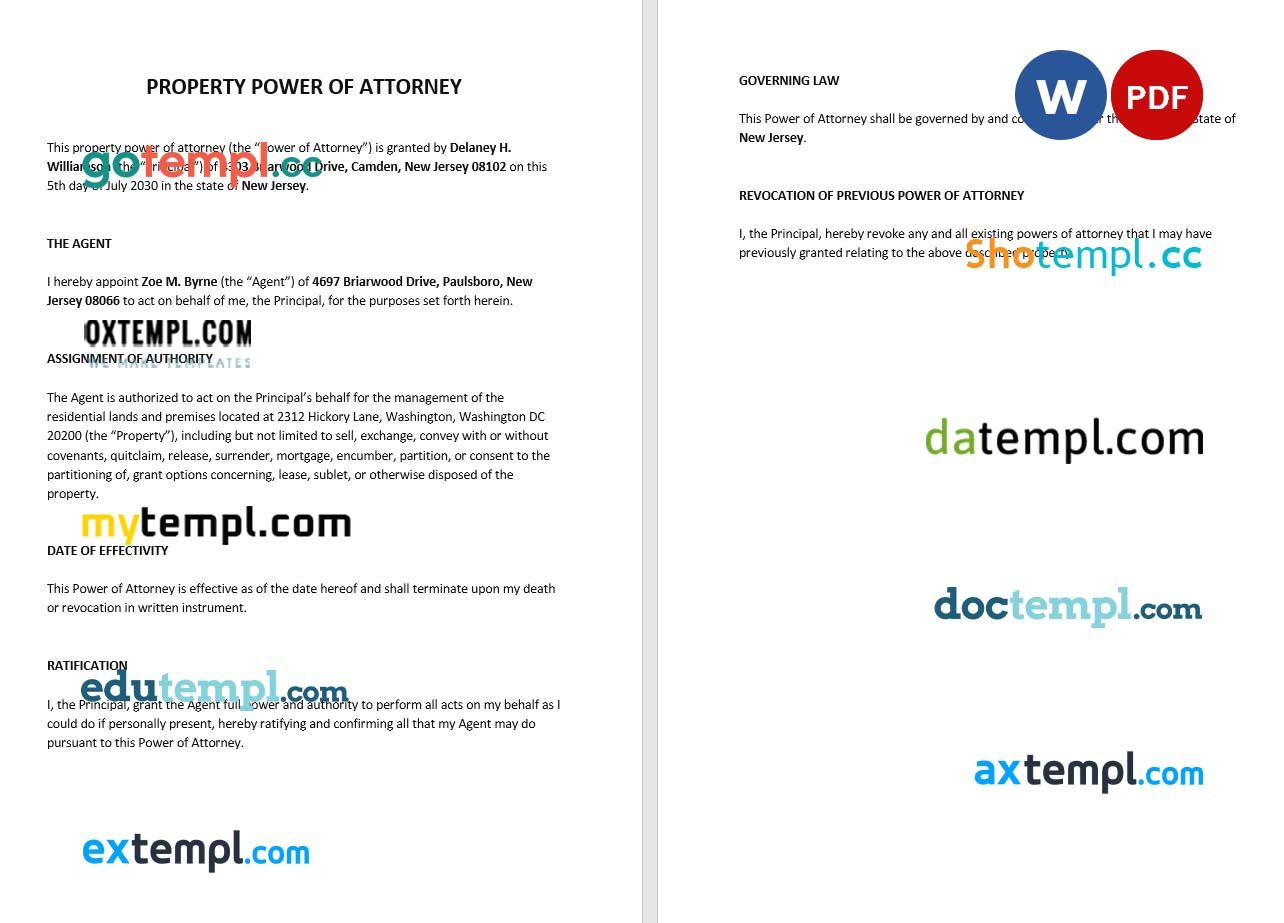 Property Power of Attorney Form example, fully editable