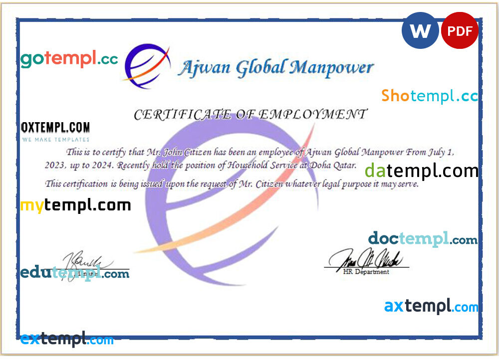 Qatar Ajwan Global Manpower certificate of employment Word and PDF download template