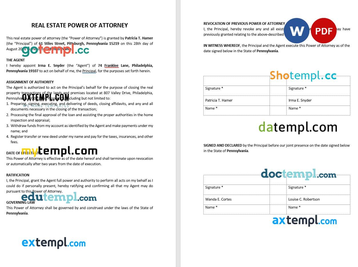 Real Estate Closing Power of Attorney example, fully editable