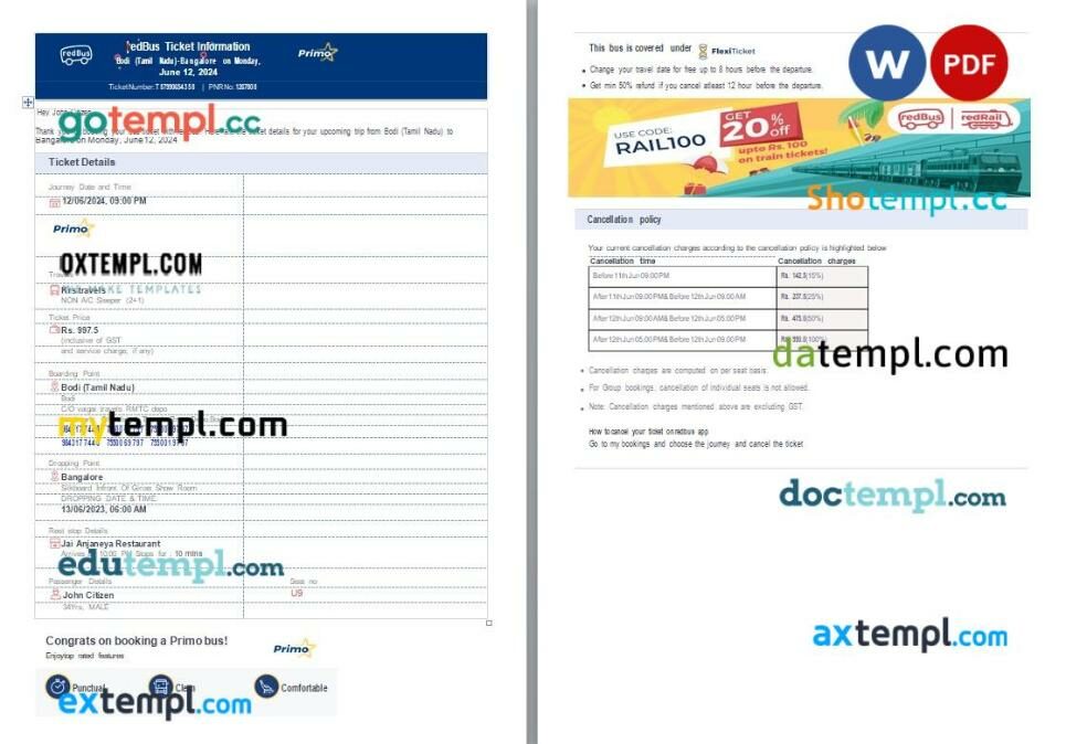 RedBus Primo ticket, Word and PDF download template, 4 pages