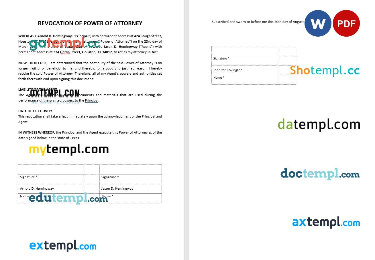 Revocation Power of Attorney Form example, fully editable