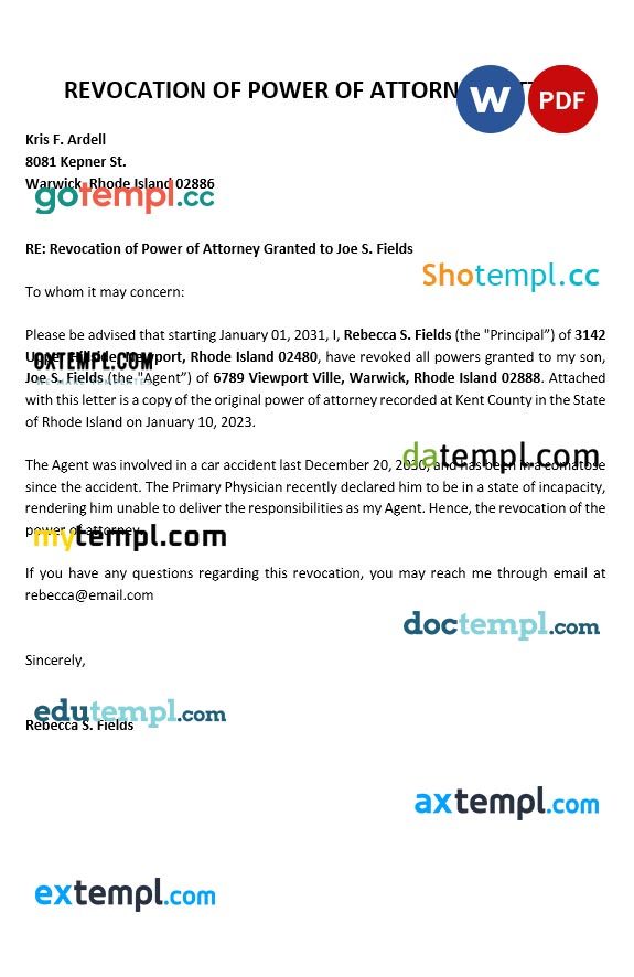 Revocation of Power of Attorney Letter example, fully editable