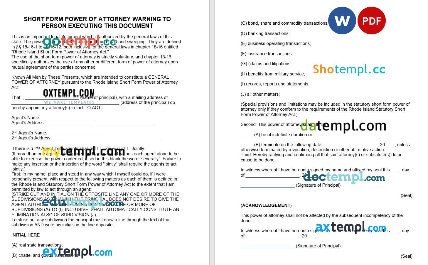 Rhode Island Durable Statutory Short Form Power of Attorney example, fully editable