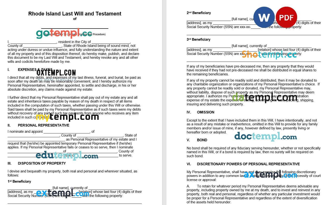 Rhode Island Last Will and Testament example, fully editable