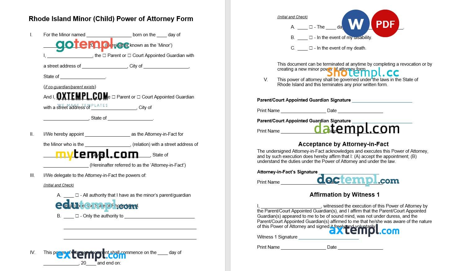 Rhode Island Minor Child Parental Power of Attorney example, fully editable