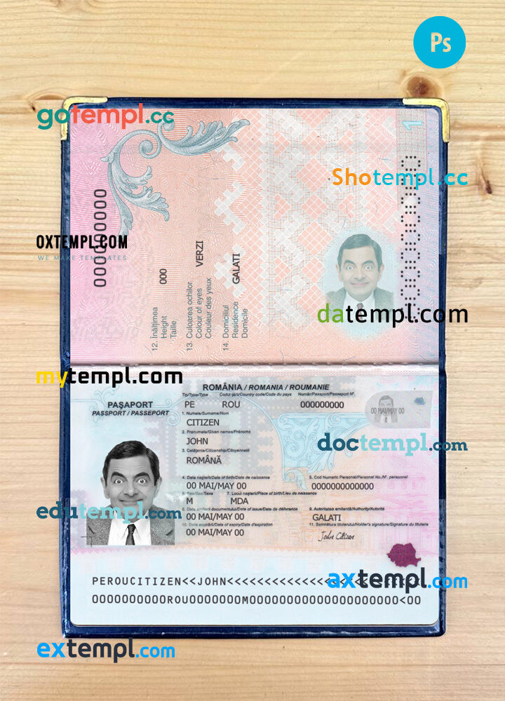 Romania passport editable PSD files, scan and photo look templates, 2 in 1, 2021-present