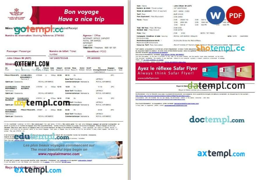 Royal Air Maroc airplane e-ticket, Word and PDF download template, 2 pages