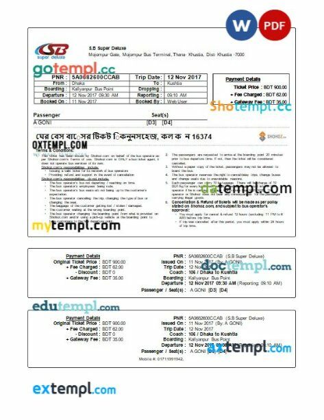 S.B. Super Deluxe bus e-ticket, Word and PDF download template