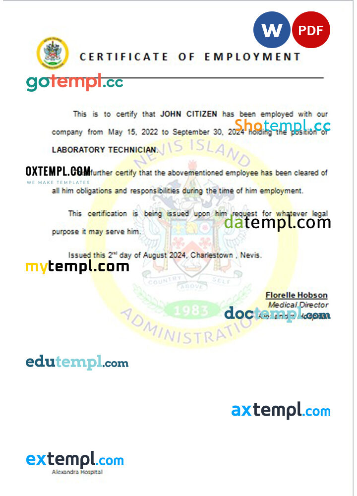 Saint Kitts and Nevis Alexandra Hospital certificate of employment Word and PDF download template