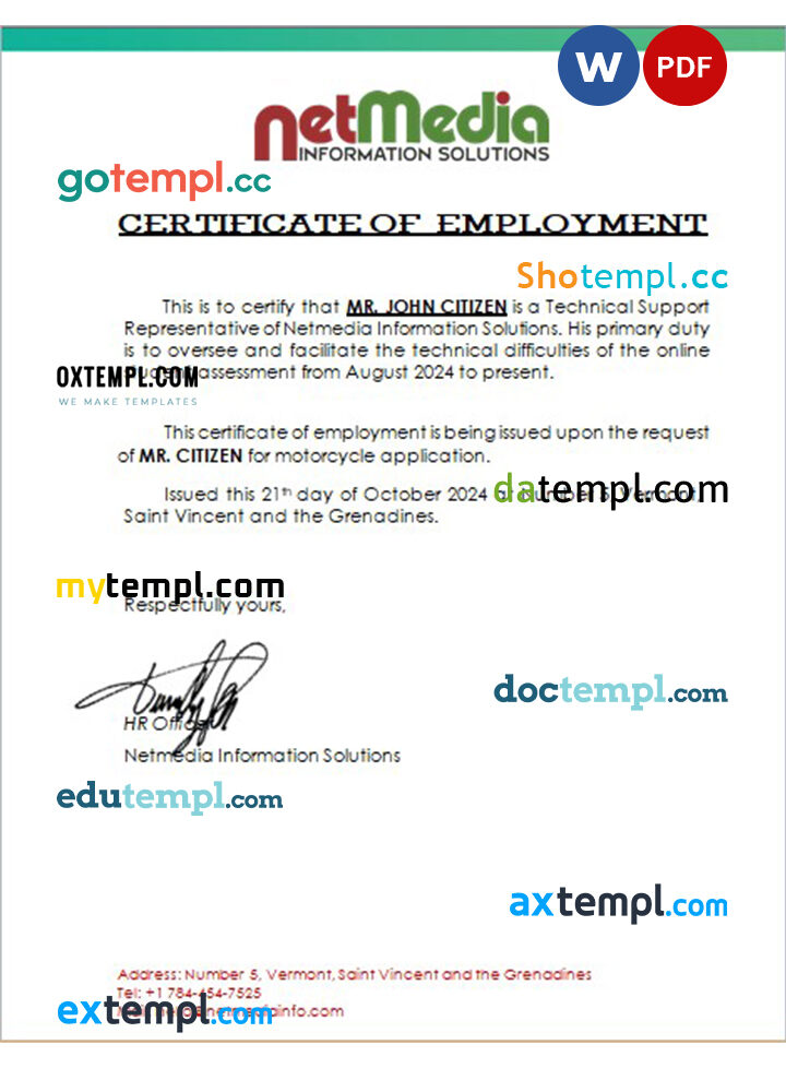 Saint Vincent and the Grenadines Netmedia Information Solutions certificate of employment Word and PDF download template