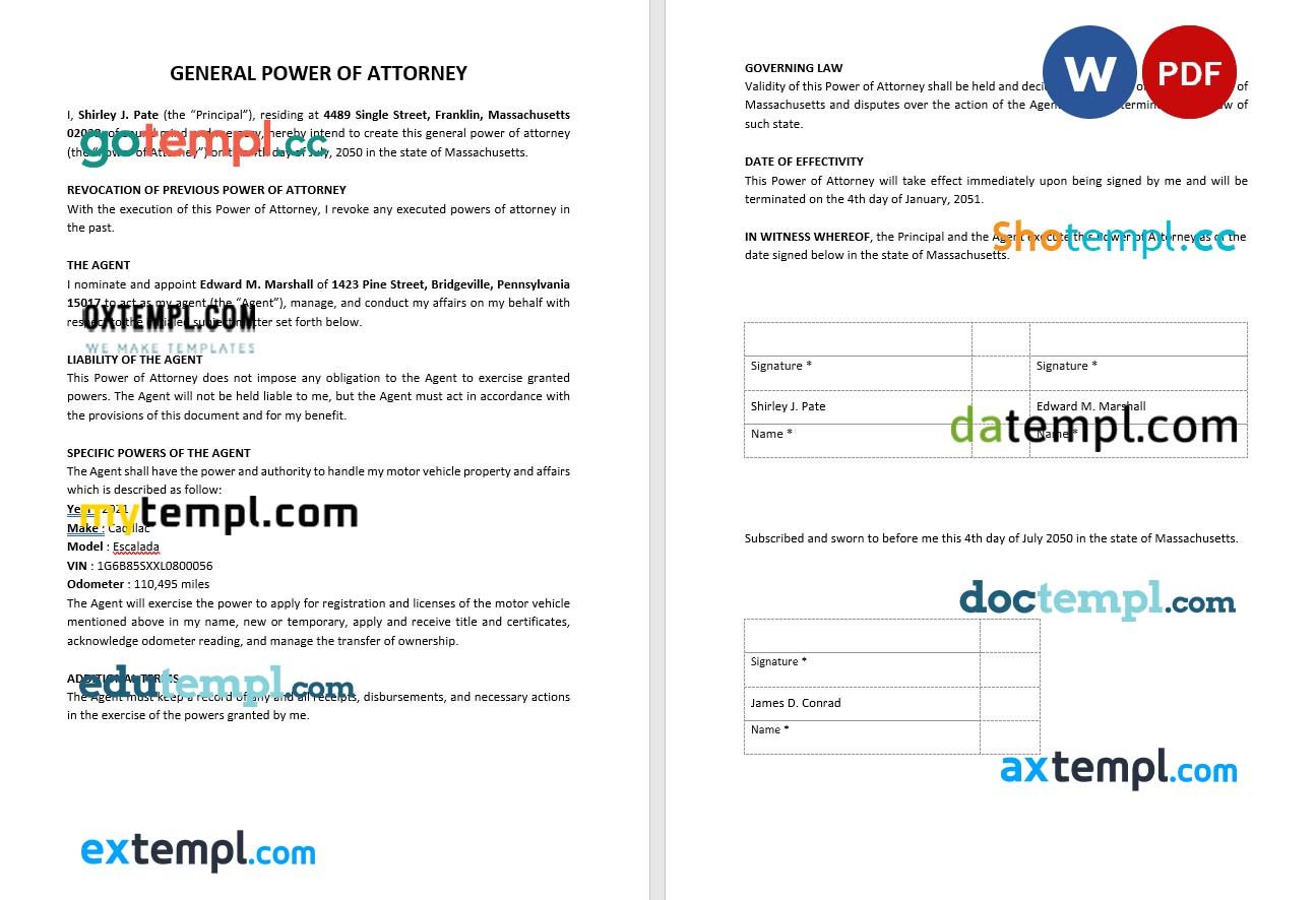 Sample General Power of Attorney example, fully editable