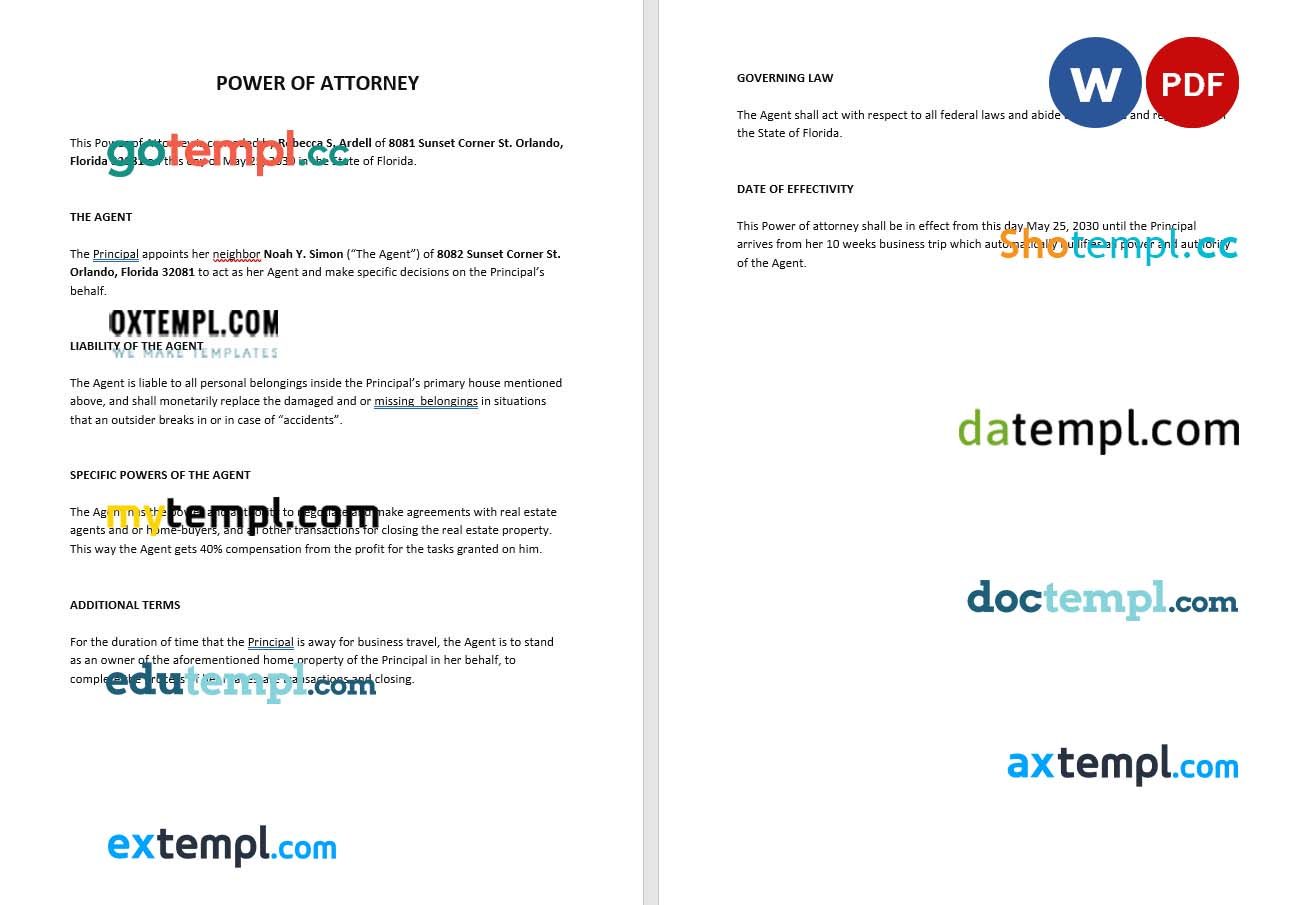 Sample Power of Attorney example, fully editable