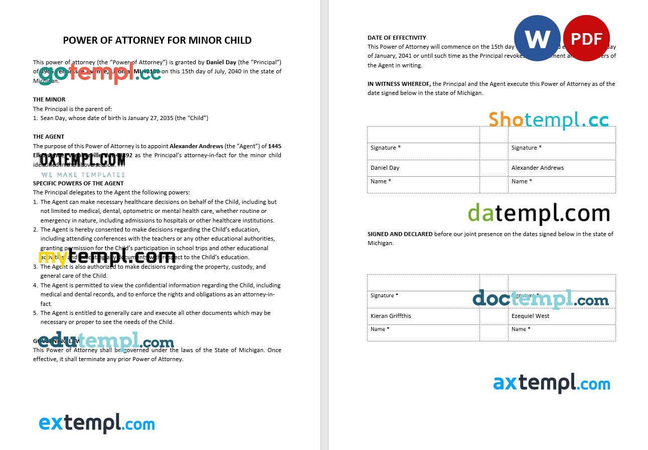 Sample Power of Attorney for Minor Child example, fully editable