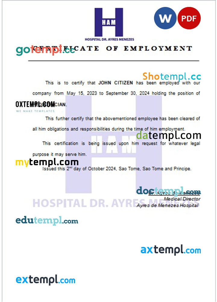 Sao Tome and Principe Ayres de Menezes Hospital certificate of employment Word and PDF download template