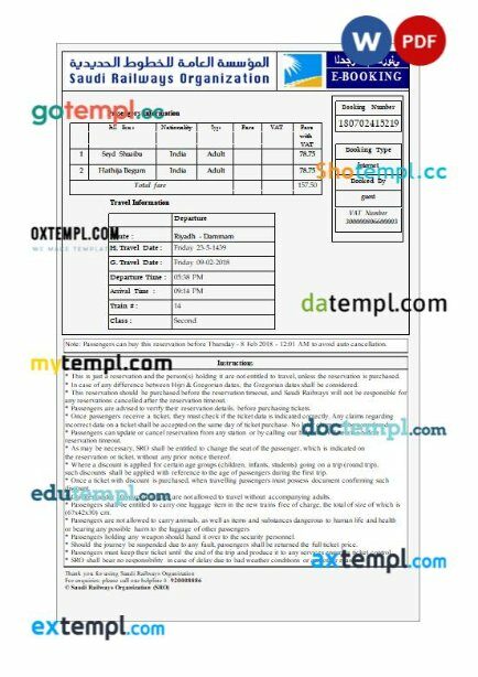 Saudi Railways Organization train e-ticket, Word and PDF download template