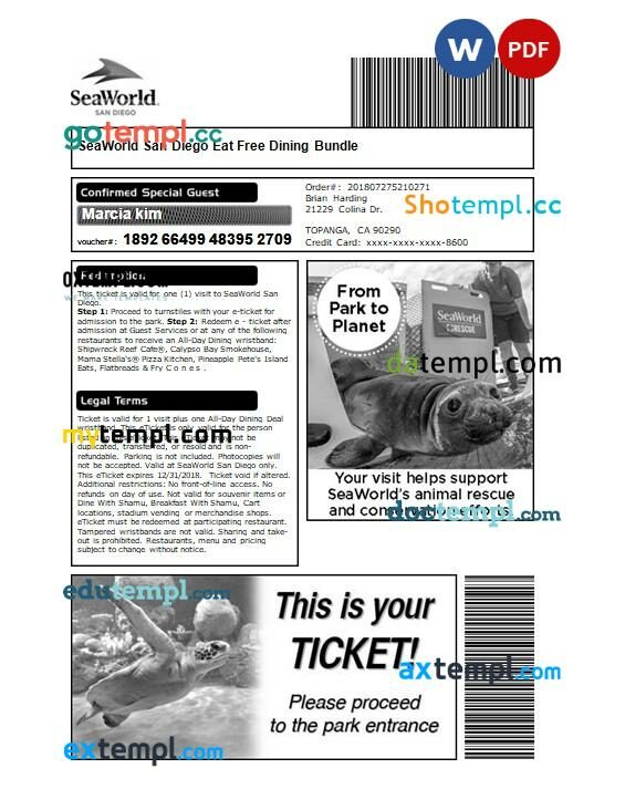 SeaWorld San Diego e-ticket, Word and PDF download template