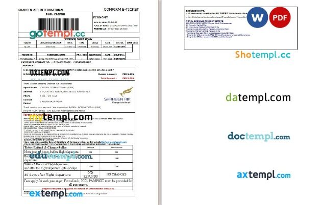 Shaheen Air International airplane e-ticket, Word and PDF download template, 2 pages