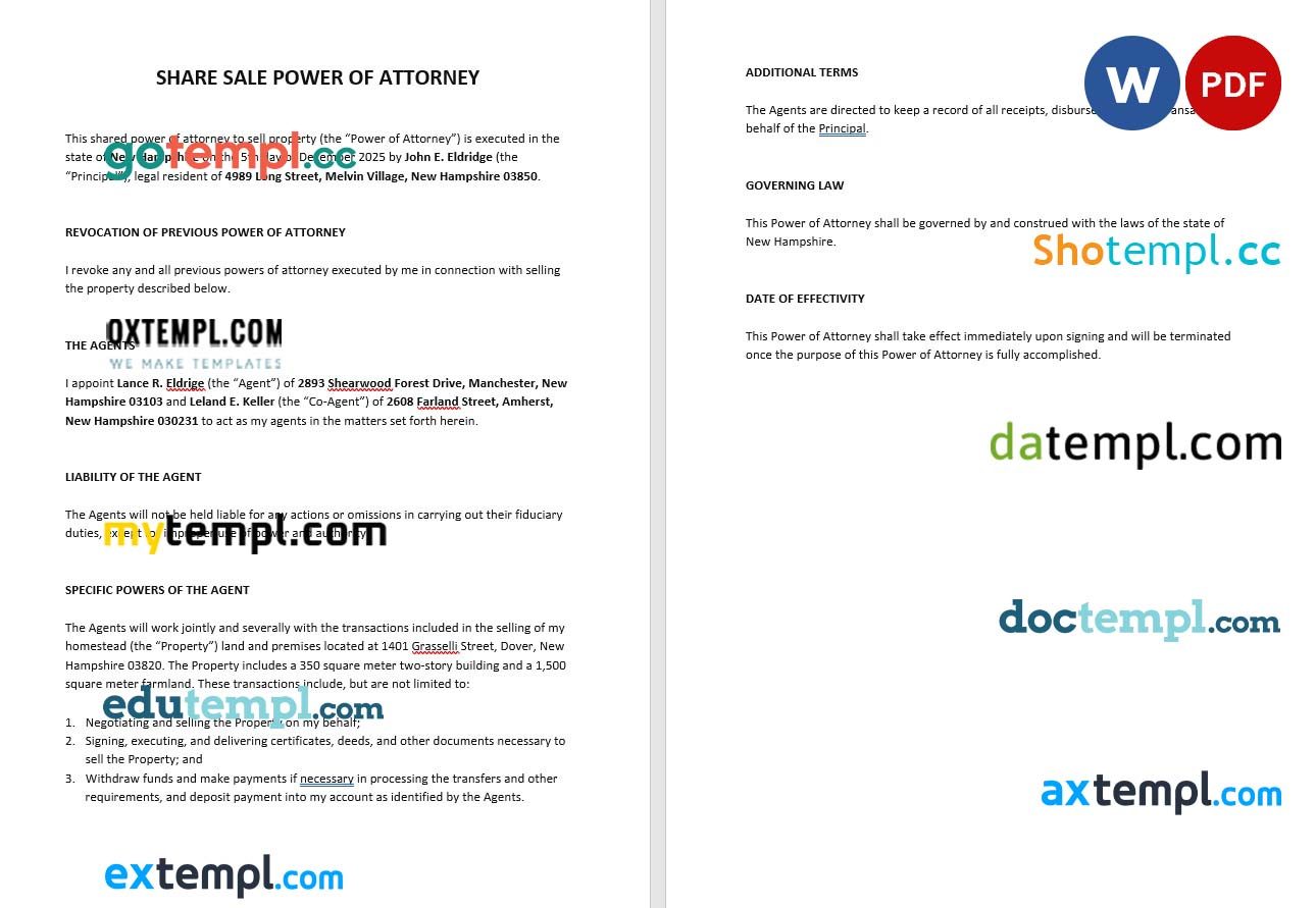 Share Sale Power of Attorney example, fully editable