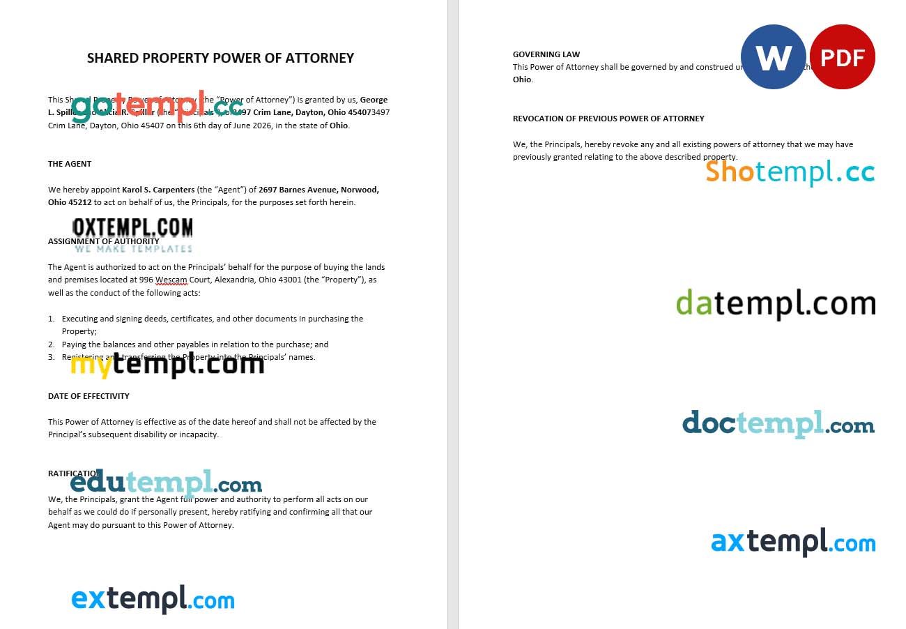 Shared Property Power of Attorney example, fully editable