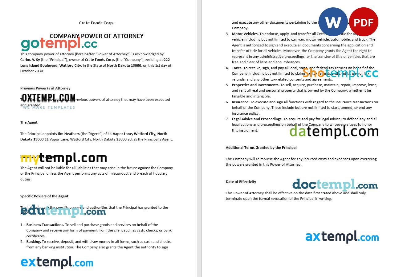 Simple Company Power of Attorney example, fully editable