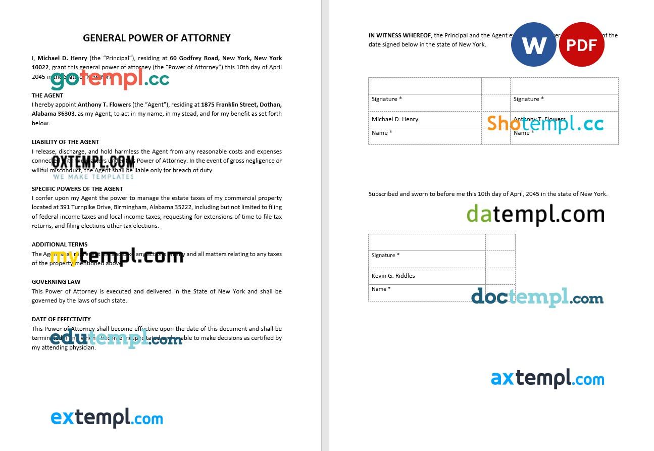 Simple General Power of Attorney example, fully editable