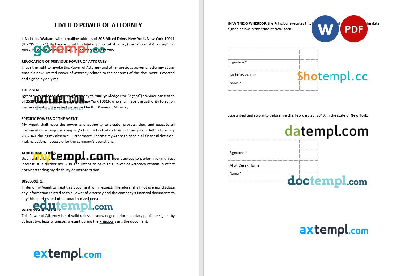 Simple Limited Power of Attorney example, fully editable